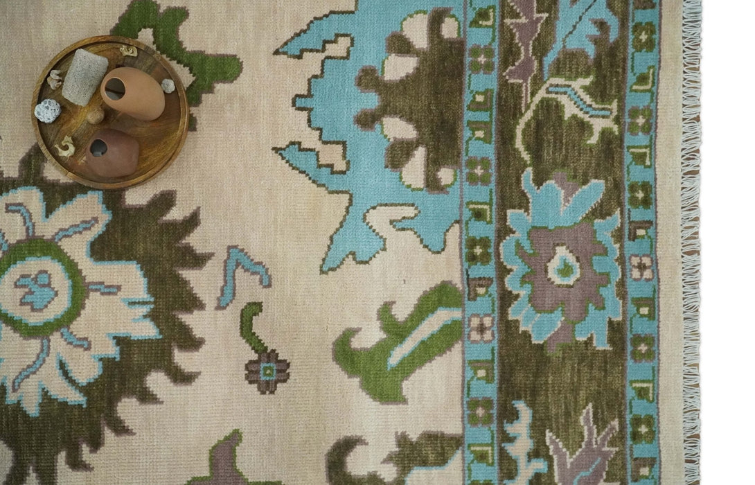 Light Peach, Green and Aqua Hand knotted Traditional Oushak 9x12 wool Area Rug
