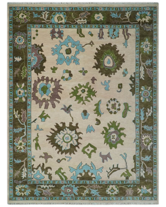 Light Peach, Green and Aqua Hand knotted Traditional Oushak 9x12 wool Area Rug