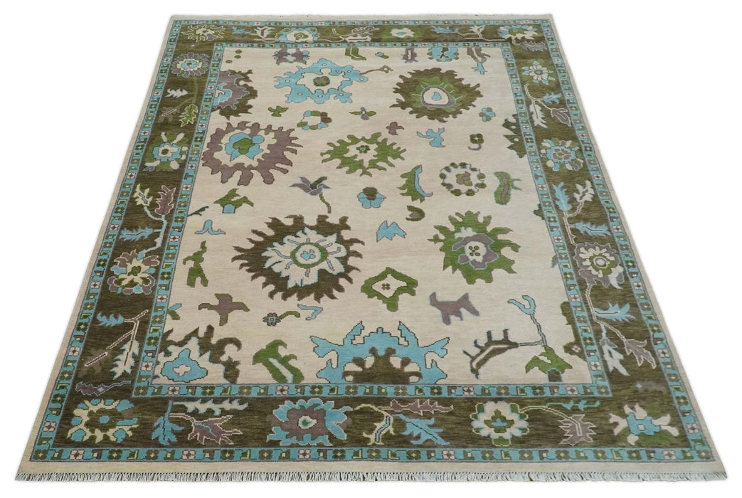 Light Peach, Green and Aqua Hand knotted Traditional Oushak 9x12 wool Area Rug
