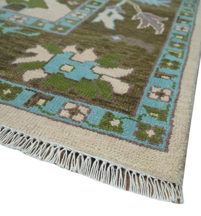 Light Peach, Green and Aqua Hand knotted Traditional Oushak 9x12 wool Area Rug
