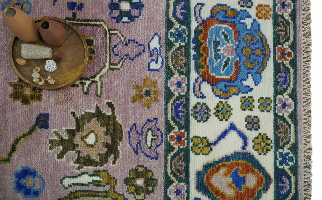 Light Purple, Ivory and Blue Hand knotted Traditional Oushak Multi Size wool Area Rug