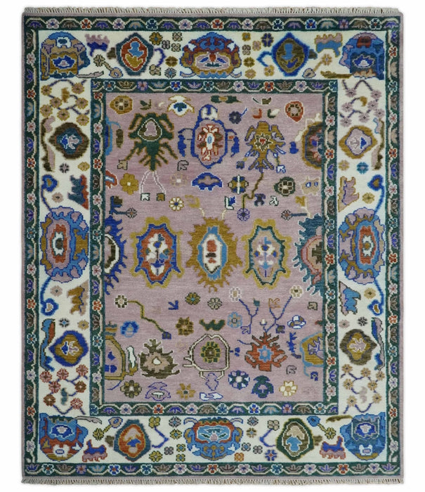Light Purple, Ivory and Blue Hand knotted Traditional Oushak Multi Size wool Area Rug