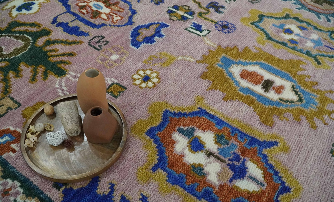 Light Purple, Ivory and Blue Hand knotted Traditional Oushak Multi Size wool Area Rug