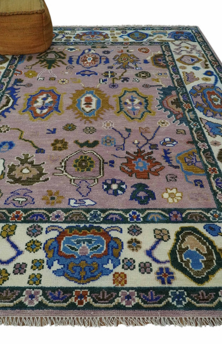 Light Purple, Ivory and Blue Hand knotted Traditional Oushak Multi Size wool Area Rug
