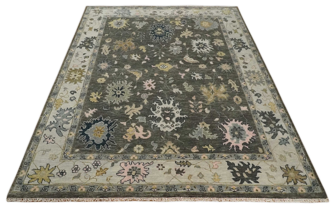 Custom Made Hand Knotted Dark Gray and Beige Traditional Wool Rug