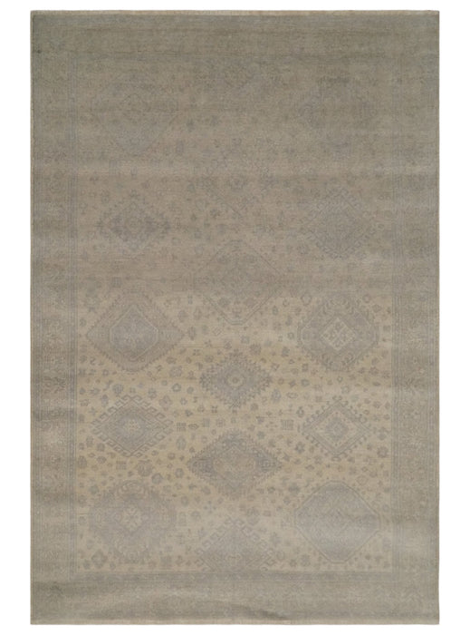 Low Pile 6x9 Hand Knotted Beige and Gray Traditional Wool Area Rug
