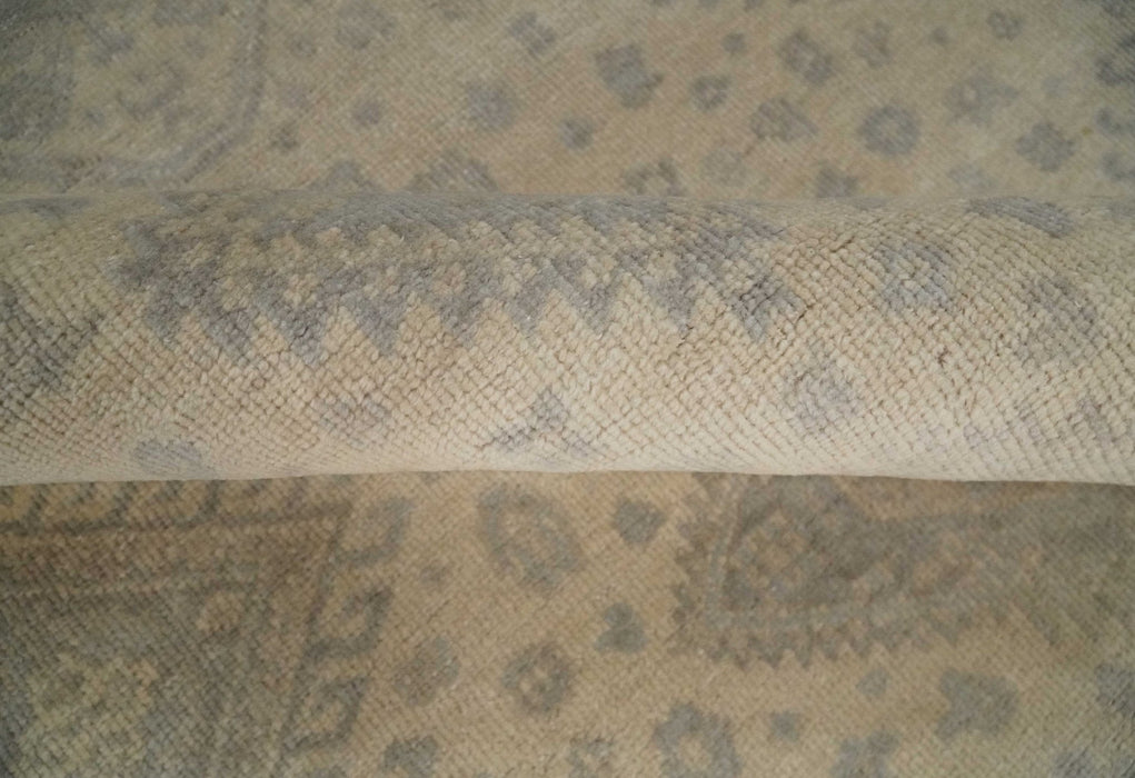 Low Pile 6x9 Hand Knotted Beige and Gray Traditional Wool Area Rug