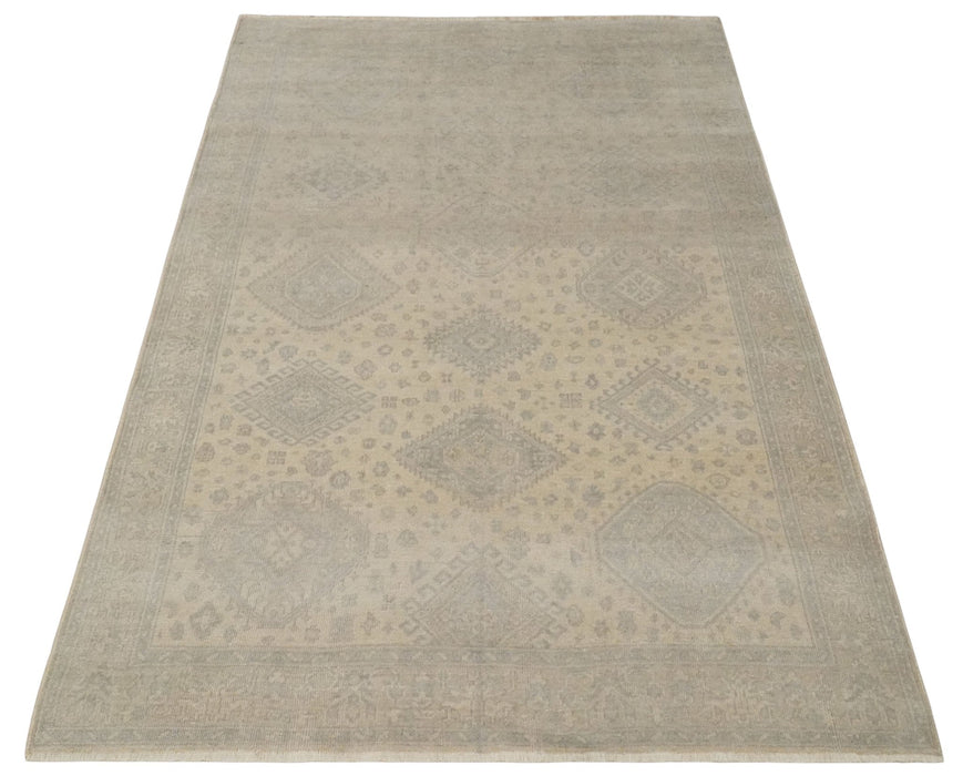 Low Pile 6x9 Hand Knotted Beige and Gray Traditional Wool Area Rug