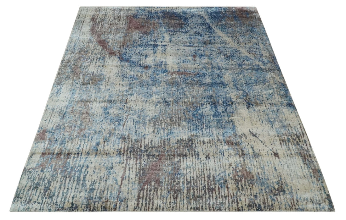 Luxury 8x10  Hand knotted Blue, Ivory and Brown Abstract wool and Silk Blended Area Rug