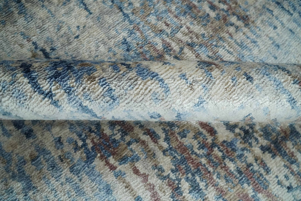Luxury 8x10  Hand knotted Blue, Ivory and Brown Abstract wool and Silk Blended Area Rug