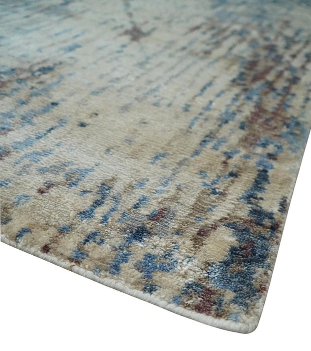 Luxury 8x10  Hand knotted Blue, Ivory and Brown Abstract wool and Silk Blended Area Rug