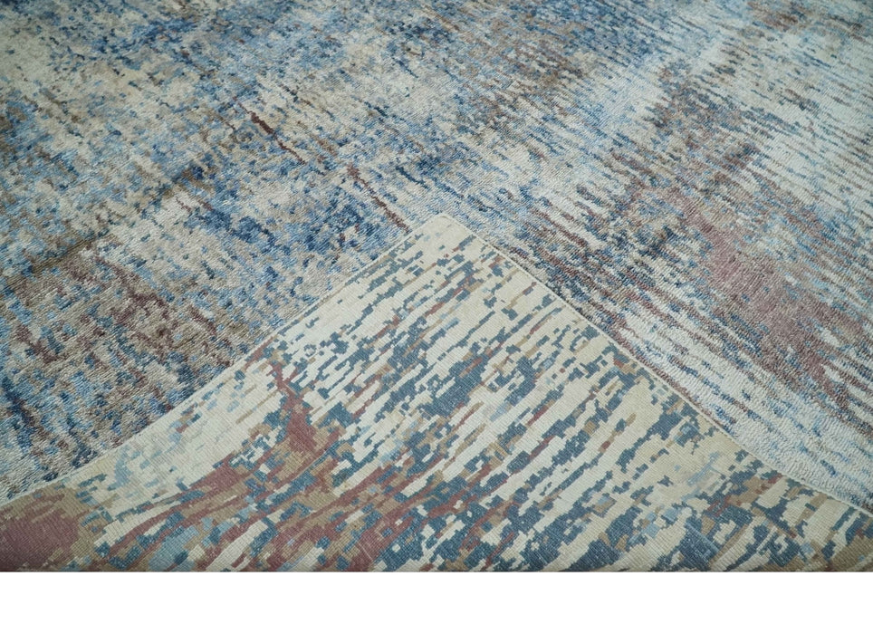 Luxury 8x10  Hand knotted Blue, Ivory and Brown Abstract wool and Silk Blended Area Rug