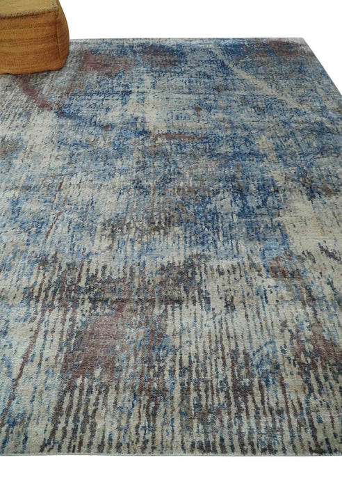 Luxury 8x10  Hand knotted Blue, Ivory and Brown Abstract wool and Silk Blended Area Rug
