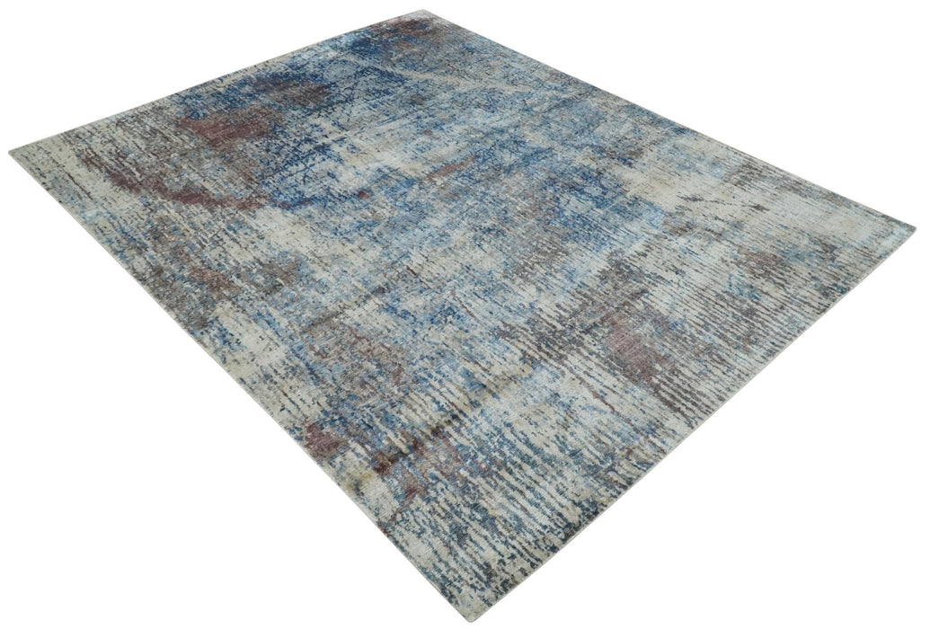 Luxury 8x10  Hand knotted Blue, Ivory and Brown Abstract wool and Silk Blended Area Rug