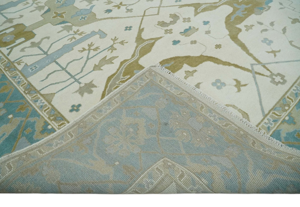 Made to Order Hand Knotted Oriental Oushak Ivory, Aqua and Beige Wool Area Rug