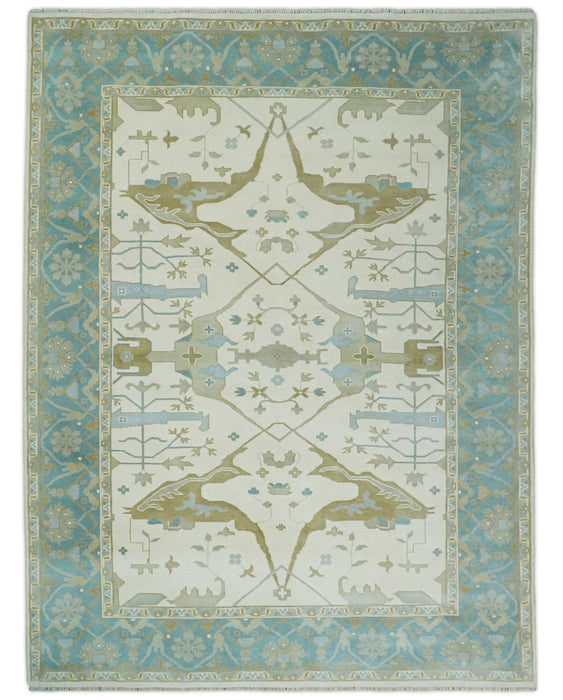 Made to Order Hand Knotted Oriental Oushak Ivory, Aqua and Beige Wool Area Rug