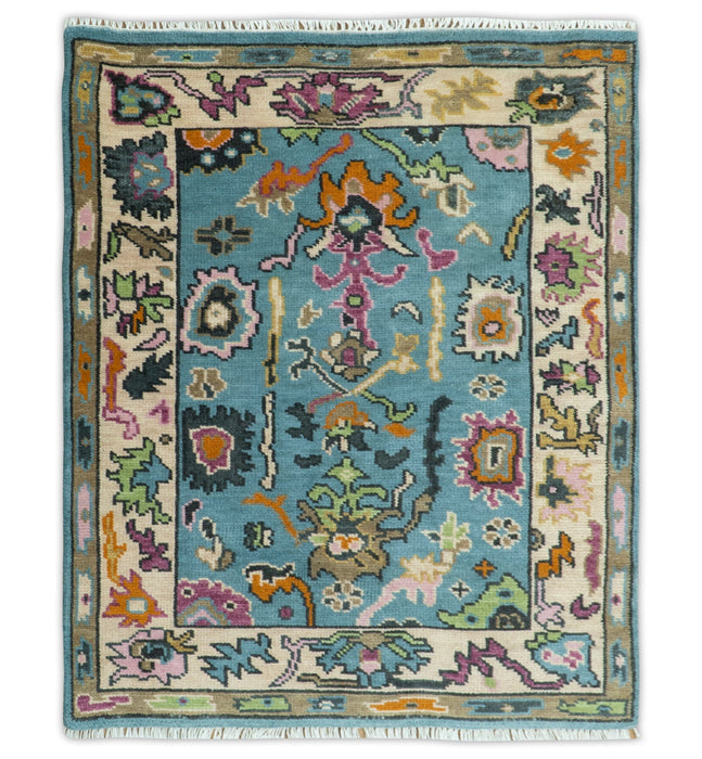 Made to Order Traditional Blue and Ivory Vibrant colorful Hand knotted Oushak wool area rug