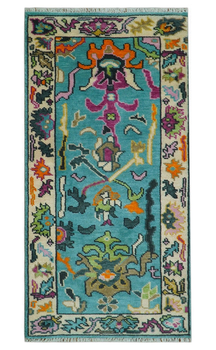 Made to Order Traditional Blue and Ivory Vibrant colorful Hand knotted Oushak wool area rug