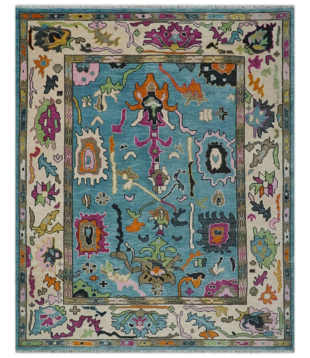 Made to Order Traditional Blue and Ivory Vibrant colorful Hand knotted Oushak wool area rug