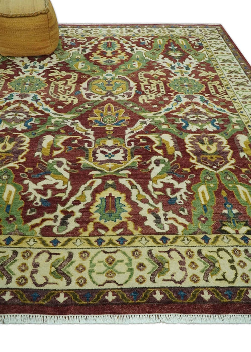 Maroon and Green Hand Knotted Traditional Large Design Multi Size wool area rug