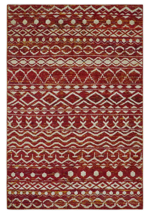 Maroon and Ivory 5.6x8.6 Hand Knotted Southwestern Tribal Trellis Recycled Silk Rug