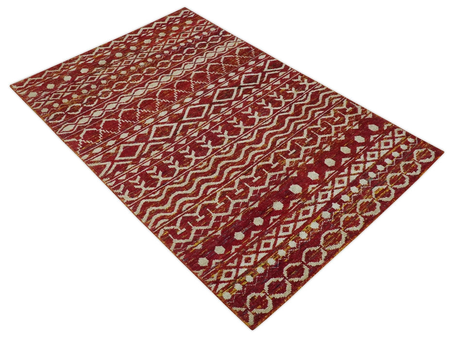 Maroon and Ivory 5.6x8.6 Hand Knotted Southwestern Tribal Trellis Recycled Silk Rug