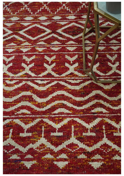Maroon and Ivory 5.6x8.6 Hand Knotted Southwestern Tribal Trellis Recycled Silk Rug