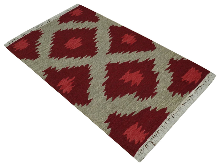 Maroon, Beige and Rust 3x5 Ikat Pattern Hand Woven Soumak Dhurrie Wool Area Rug