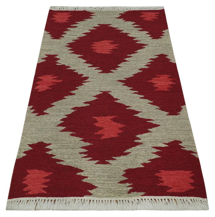 Maroon, Beige and Rust 3x5 Ikat Pattern Hand Woven Soumak Dhurrie Wool Area Rug