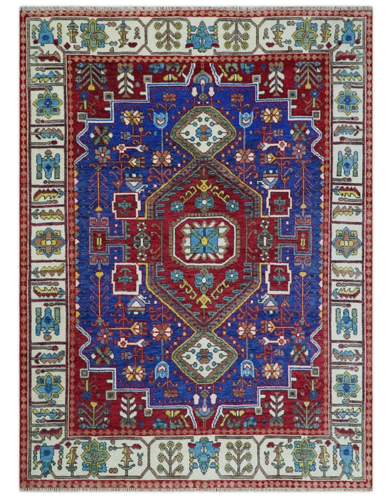 Maroon, Blue and ivory Hand Knotted Antique 8x10 Traditional Wool Rug