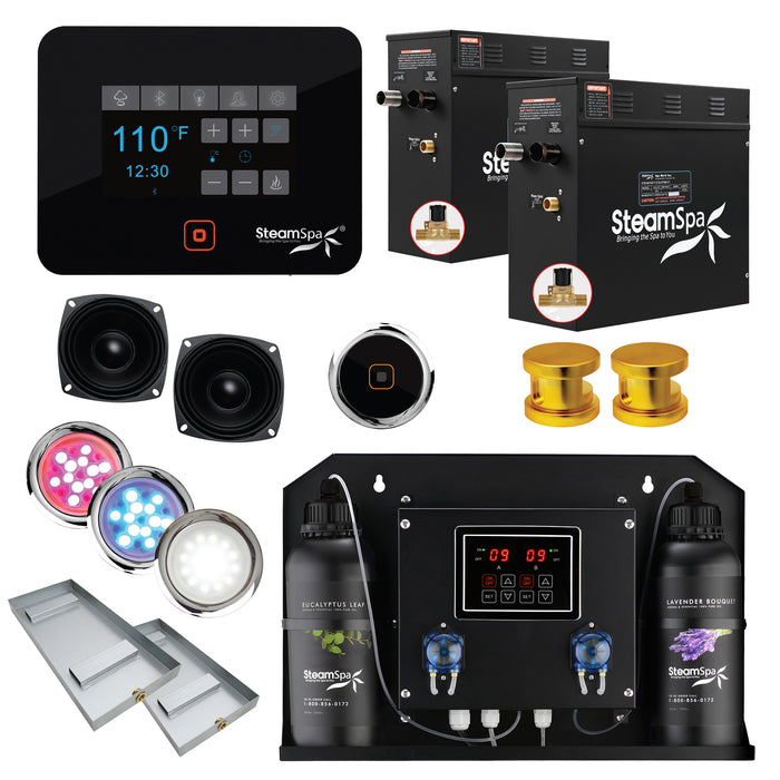 Black Series WiFi and Bluetooth 2 x 9kW QuickStart Steam Bath Generator Package with Dual Aroma Pump in Gold