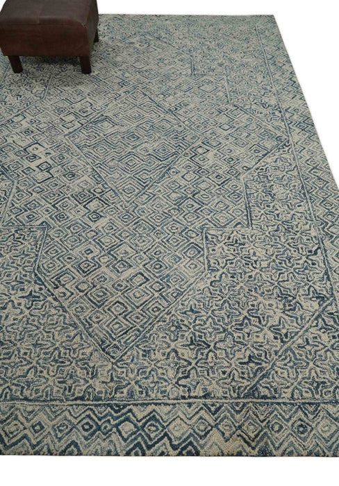 Mid Century Modern Hand Tufted 2x3, 3x5, 5x8, 6x9, 8x10 and 9x12 Woolen Beige and Blue Area Rug | MIR1
