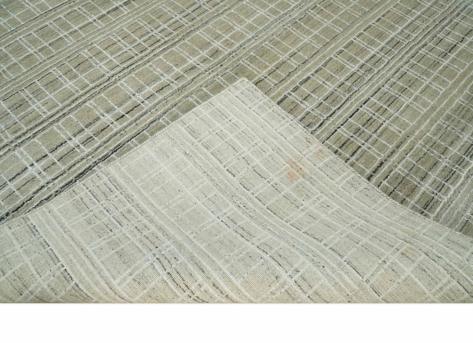 Modern 8x10 Hand Made Striped Olive and White Blended Wool  Area Rug