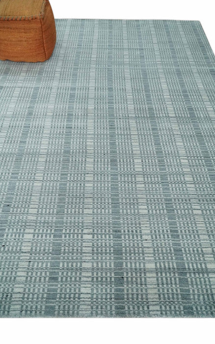 Modern 8x10 Hand Made striped Ivory and Gray Scandinavian Blended Wool Flatwoven Area Rug | KE36