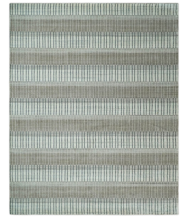 Modern 8x10 Hand Made Stripes Ivory, Black and Brown Scandinavian Blended Wool Flatwoven Area Rug | KE5
