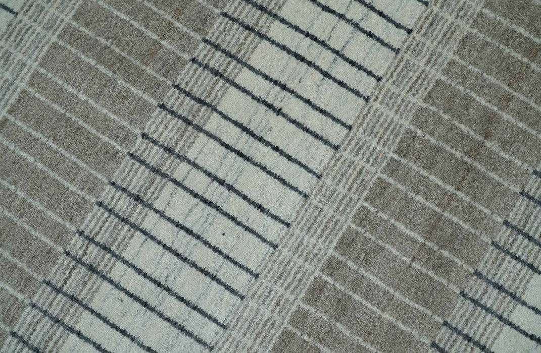 Modern 8x10 Hand Made Stripes Ivory, Black and Brown Scandinavian Blended Wool Flatwoven Area Rug | KE5