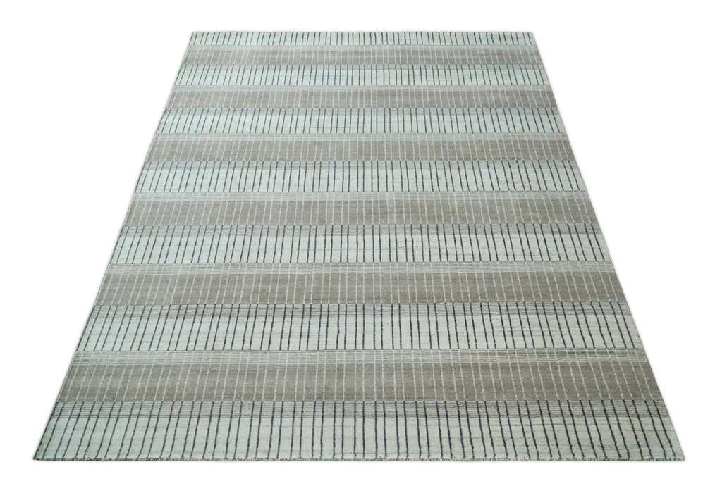 Modern 8x10 Hand Made Stripes Ivory, Black and Brown Scandinavian Blended Wool Flatwoven Area Rug | KE5