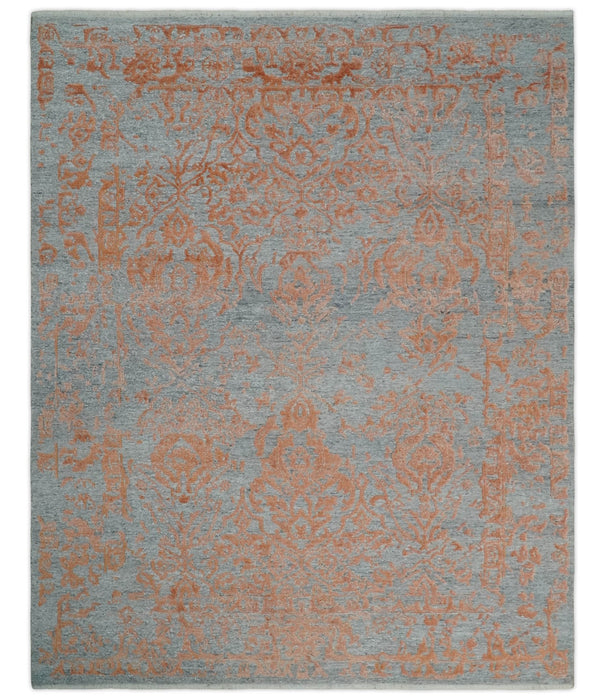 Modern 8x10 Silver and Rust Traditional Carved Pattern Handmade Wool Area Rug