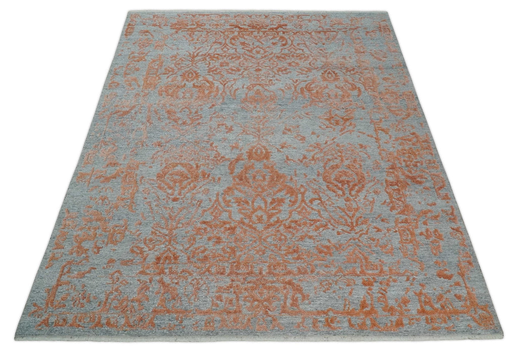 Modern 8x10 Silver and Rust Traditional Carved Pattern Handmade Wool Area Rug