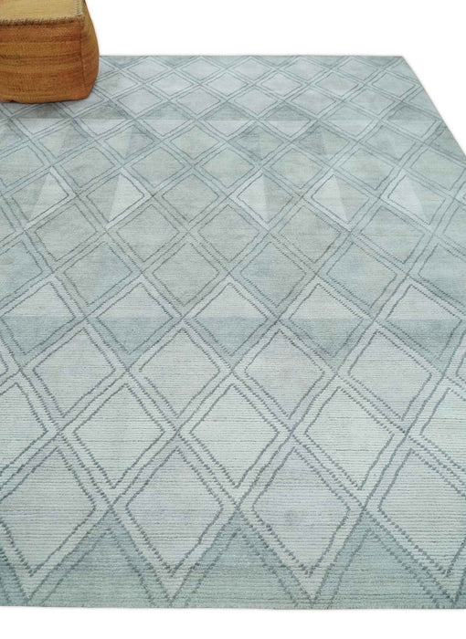 Modern 8x10 Silver, Ivory and Charcoal Geometrical Handmade Art Silk Area Rug
