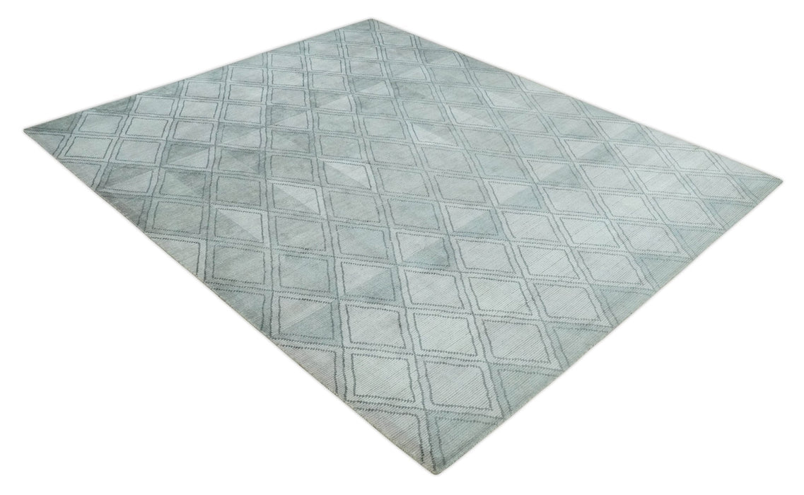 Modern 8x10 Silver, Ivory and Charcoal Geometrical Handmade Art Silk Area Rug