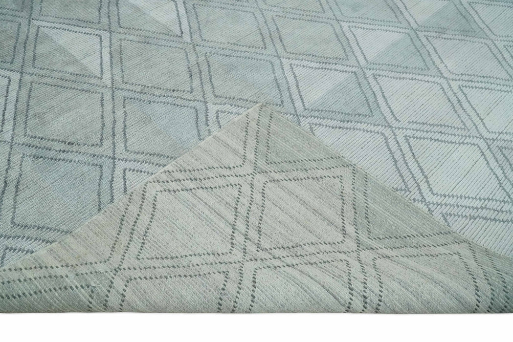 Modern 8x10 Silver, Ivory and Charcoal Geometrical Handmade Art Silk Area Rug