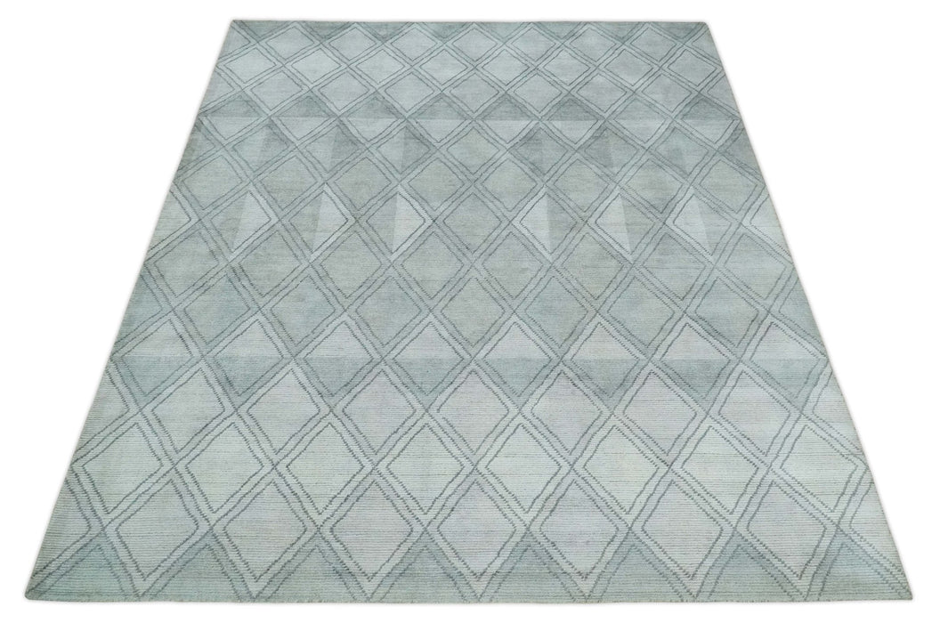 Modern 8x10 Silver, Ivory and Charcoal Geometrical Handmade Art Silk Area Rug