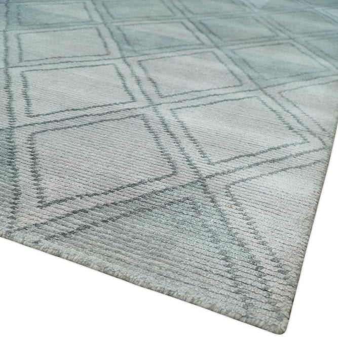 Modern 8x10 Silver, Ivory and Charcoal Geometrical Handmade Art Silk Area Rug