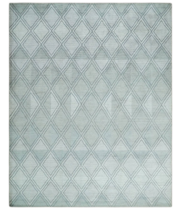 Modern 8x10 Silver, Ivory and Charcoal Geometrical Handmade Art Silk Area Rug