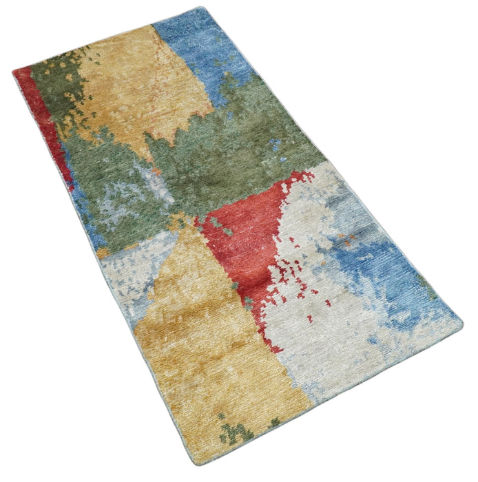 Modern Abstract 2x4 Blue, Red and Gold Hand Knotted Entryway bamboo silk Area Rug | TRD3152224