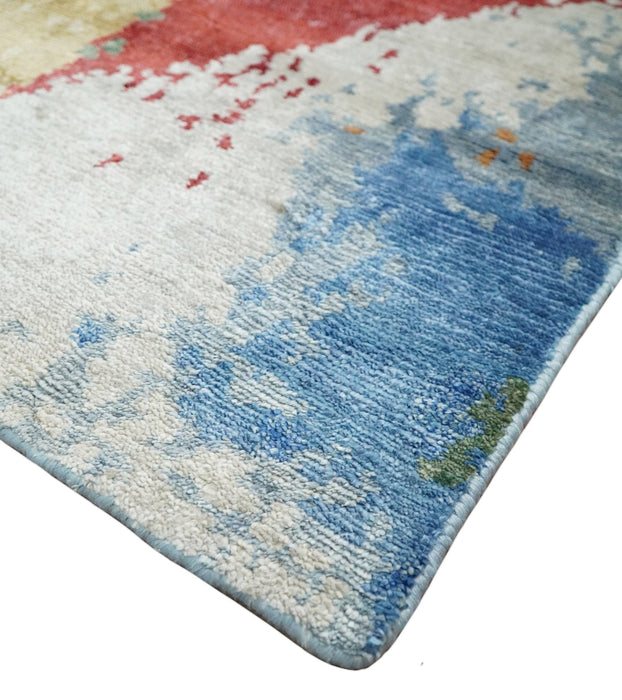 Modern Abstract 2x4 Blue, Red and Gold Hand Knotted Entryway bamboo silk Area Rug | TRD3152224