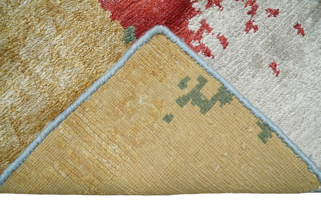Modern Abstract 2x4 Blue, Red and Gold Hand Knotted Entryway bamboo silk Area Rug | TRD3152224