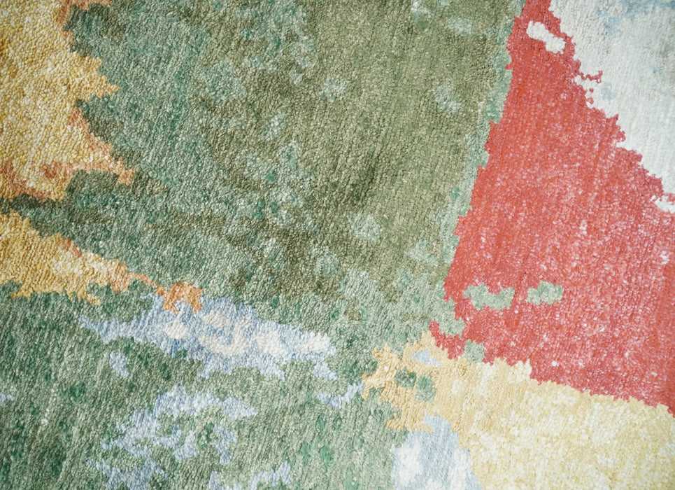 Modern Abstract 2x4 Blue, Red and Gold Hand Knotted Entryway bamboo silk Area Rug | TRD3152224