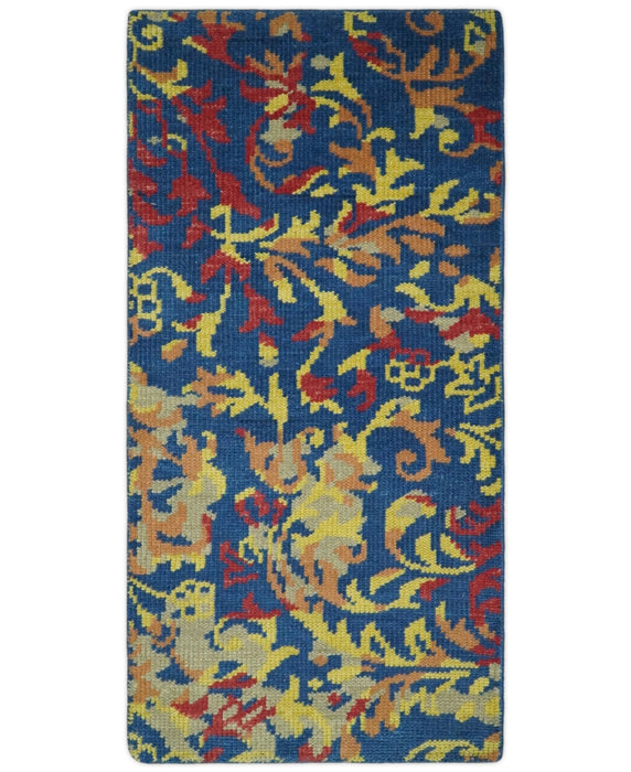 Modern Abstract 2x4 Blue, Red and Gold Hand Knotted Entryway Wool Area Rug | TRD3379124